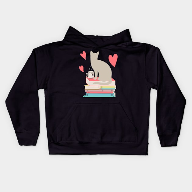 Cat silhouette coffee tea books hearts Kids Hoodie by gogo-jr